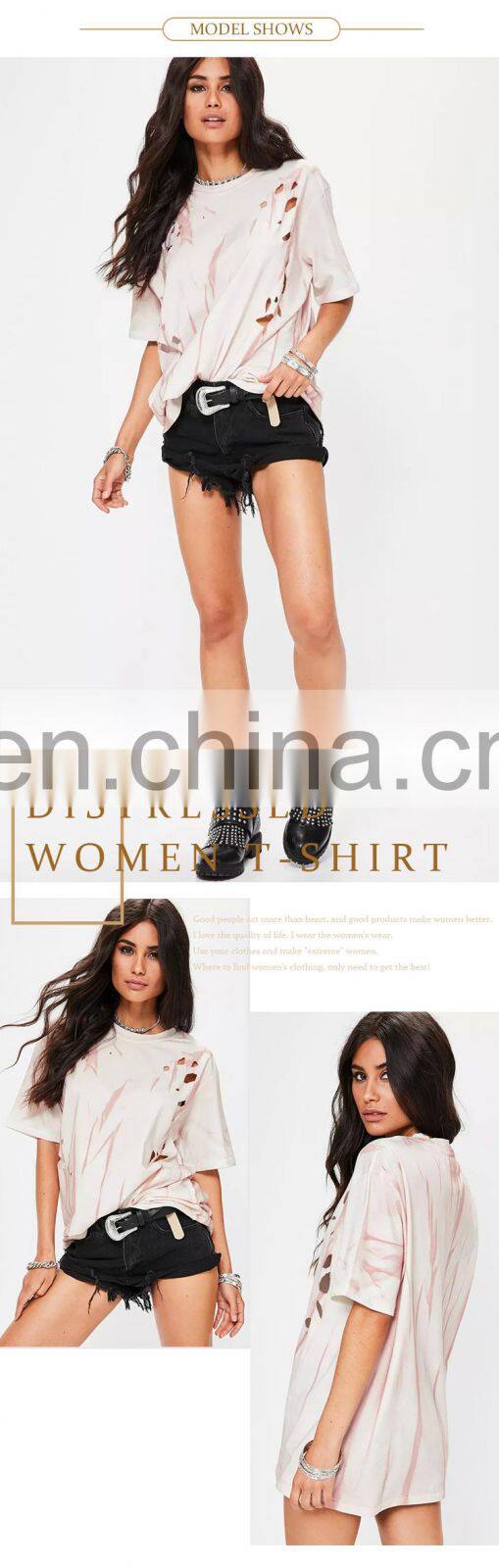 pink summer distressed washed short sleeve women t shirt