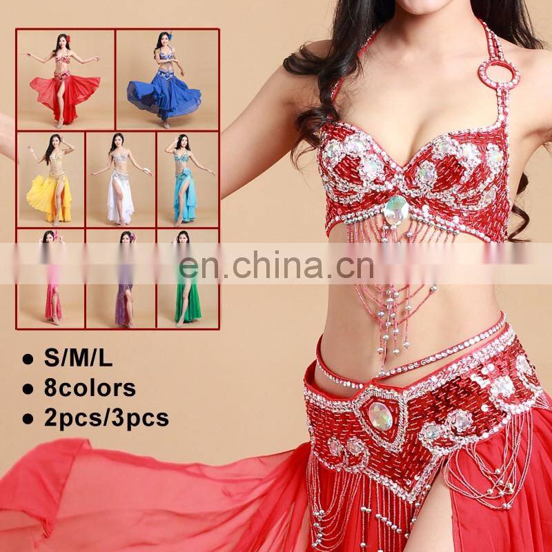 High-grade 5pcs hot stamping ice silk bellydance costume with handmade bell