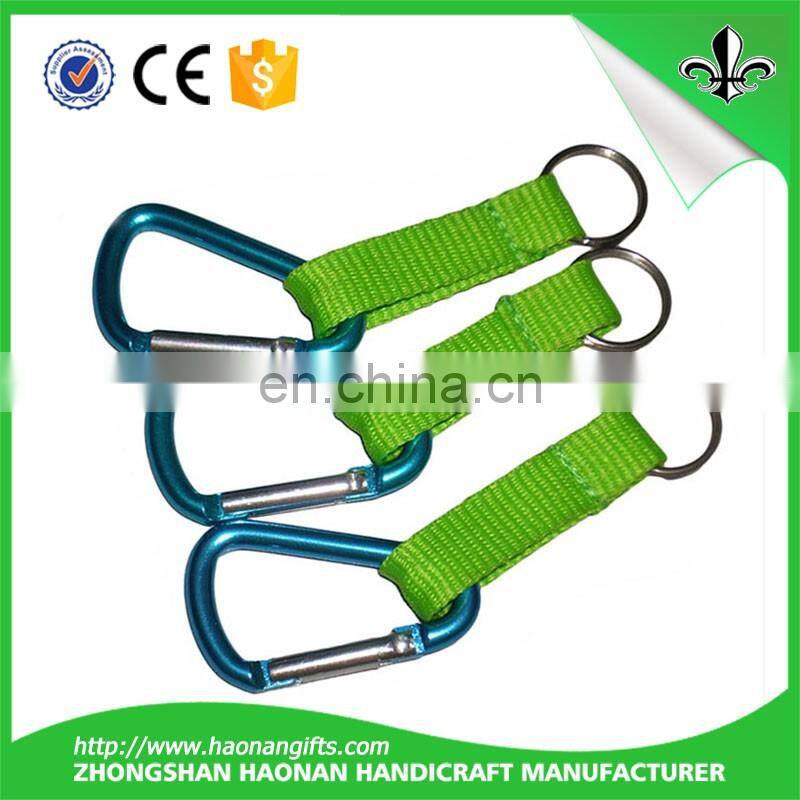 Factory custom cheap D-shaped aluminium carabiner keychain with short strap/carabiner strap