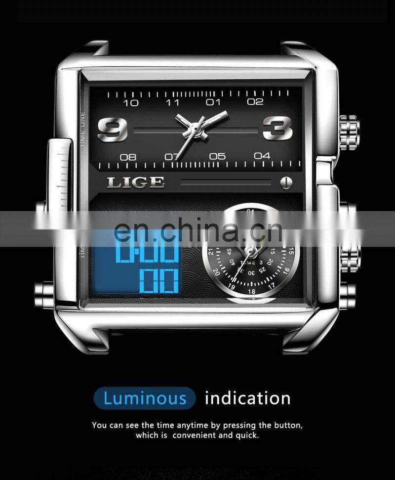 LIGE 8925 Mens Watches Square Digital Sports Quartz Wrist Watch for Men Waterproof wrist watches hands