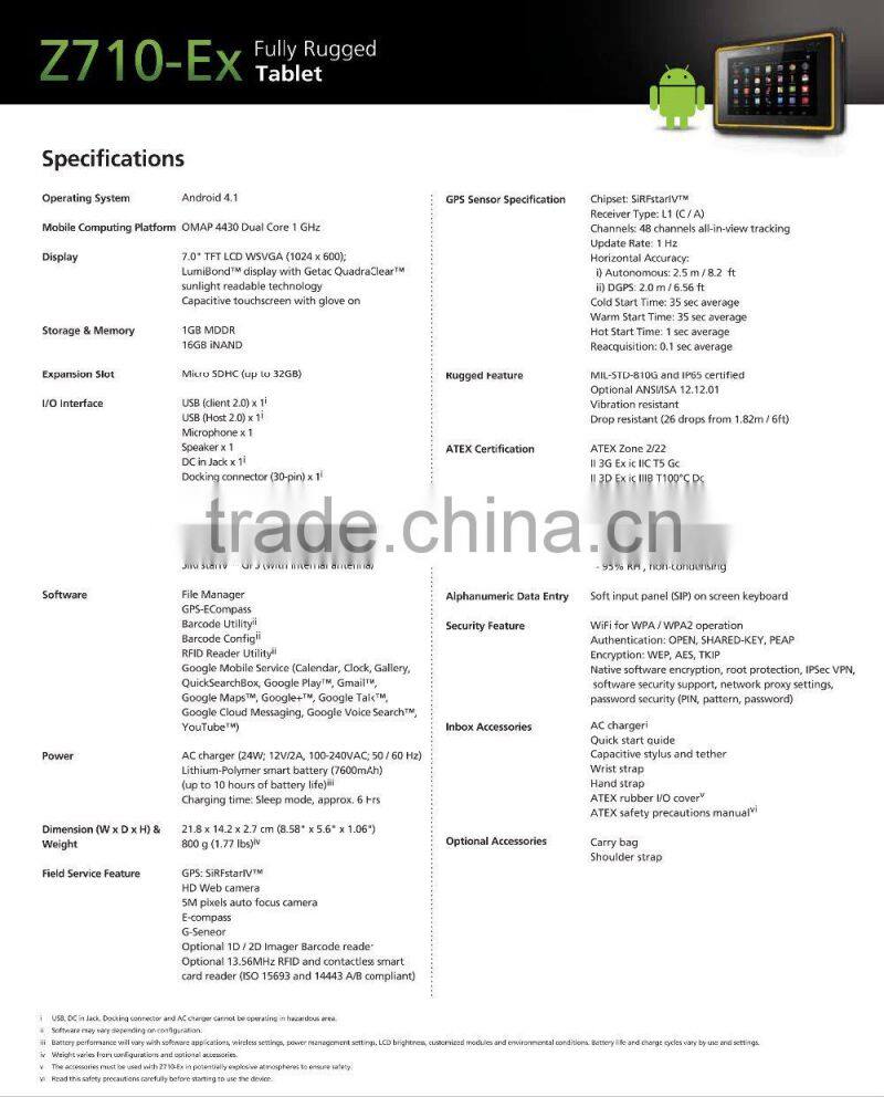 Made in Taiwan qualified full rugged tablet 7 inch Getac Z710
