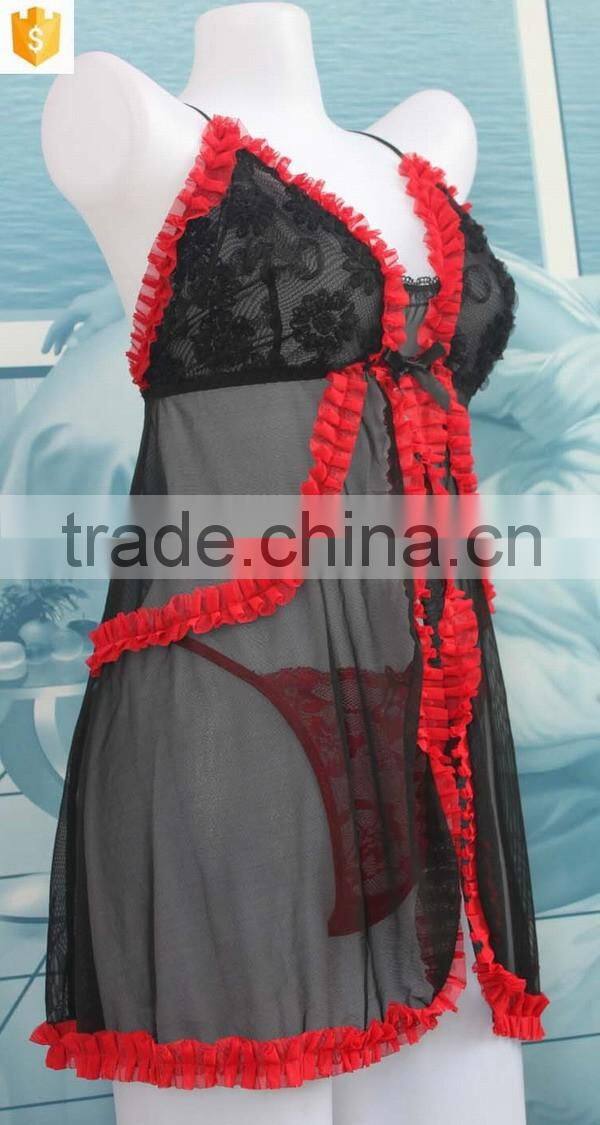 OEM Sexy open transparent black -red sleeping dress,babydoll lingerie