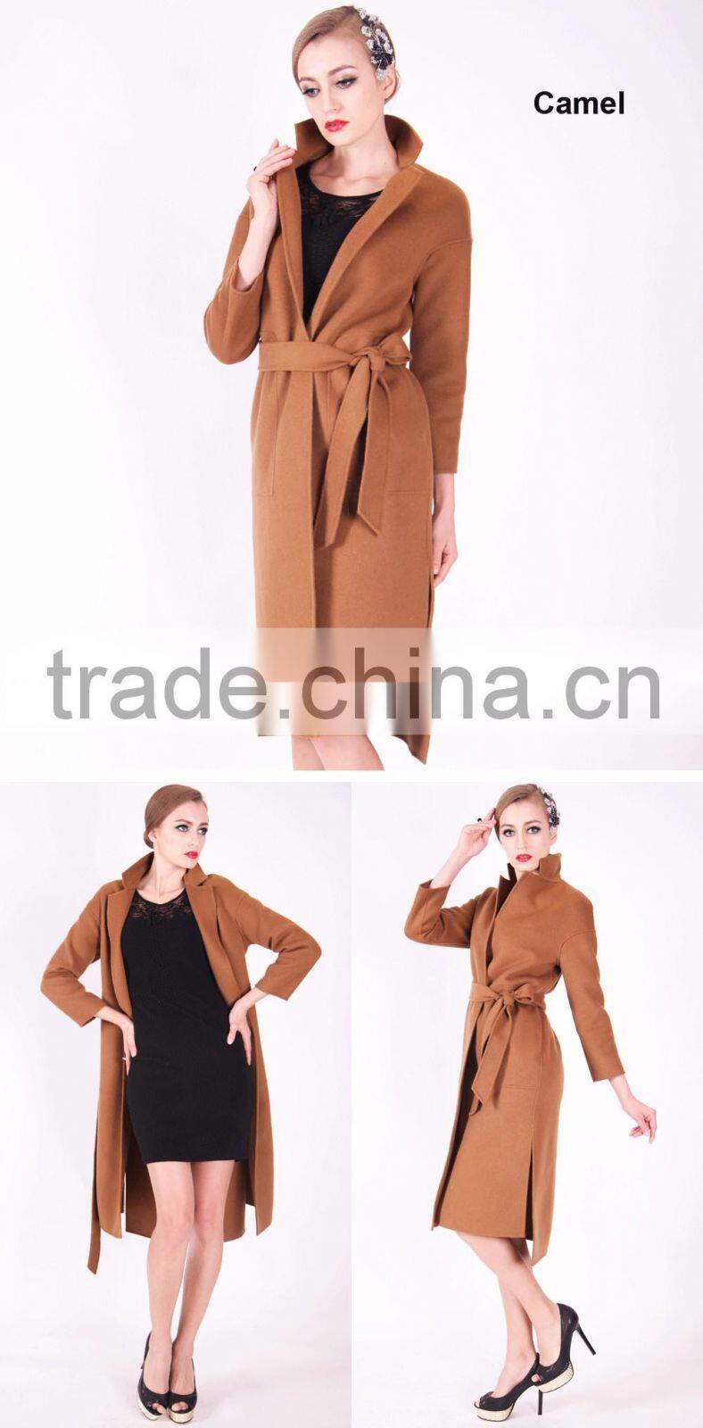 2016 New Design Spring Women Length Slim Fit Wool Trench Coat With Belt