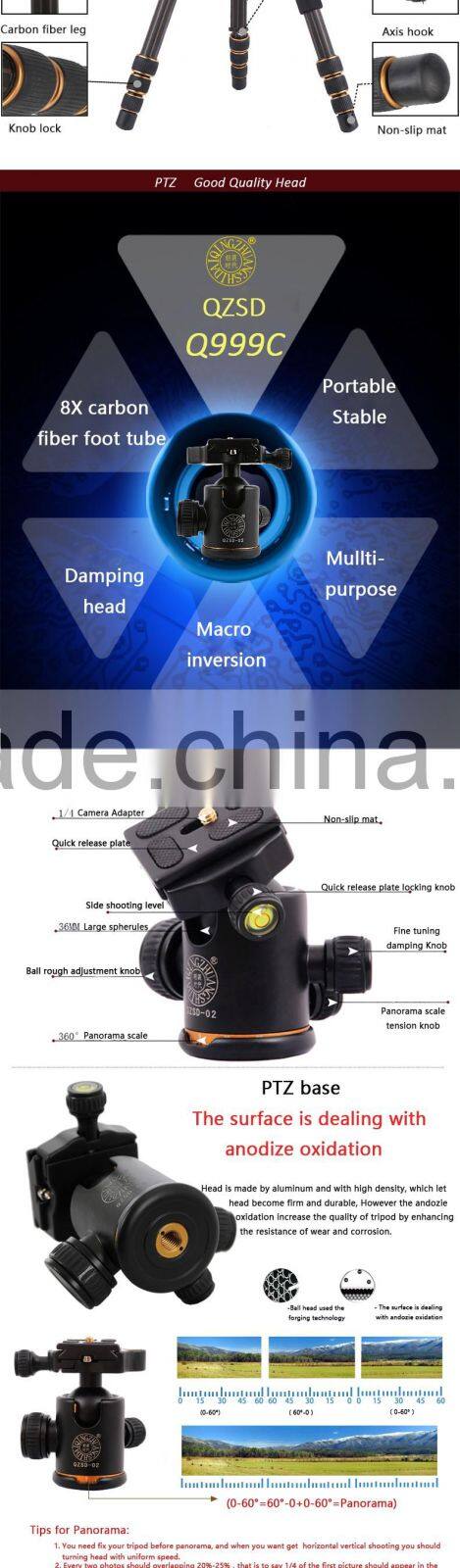 Q999C 1590mm carbon fiber camera tripod 15kg load digital dslr camera tripod monopod customize brand quality tripod