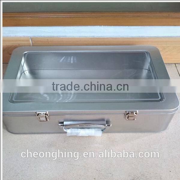 large rectangular hinged tin box with handle&lock