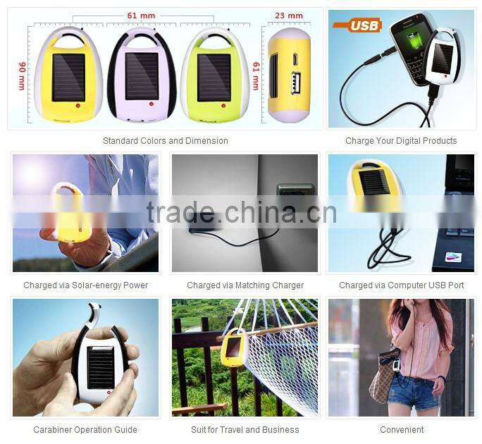 2016 Hot Sale Popular Portable Mini Solar Power Mobile Phone Charger with Carabiner