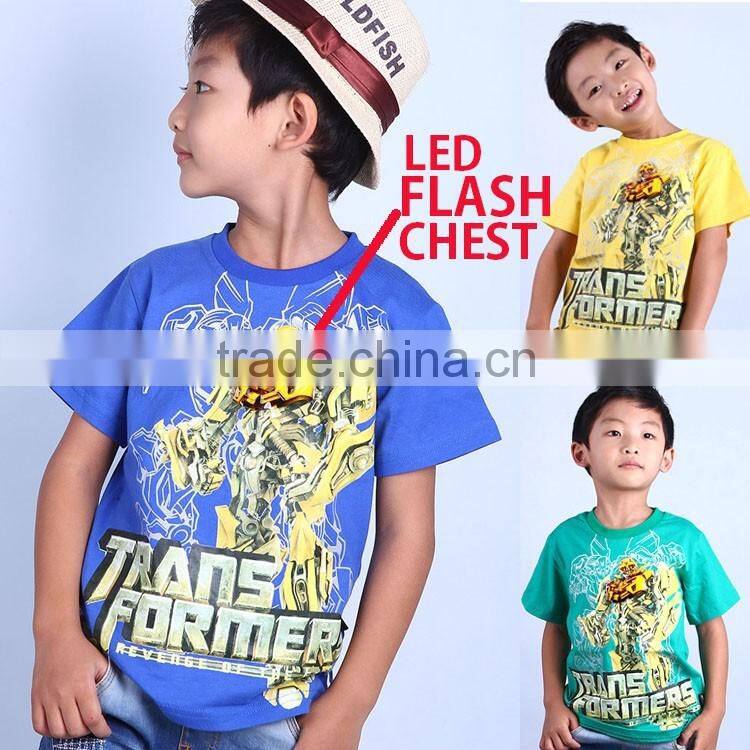 new 2016 latest design in store led flashing lights up boys bee t shirt with 100% cotton fabric and cartoon logo