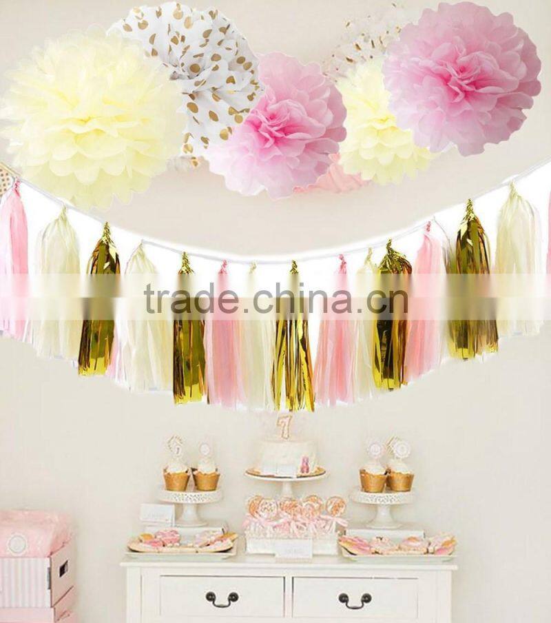 Tissue Pompom Balls Paper Tassels and Garland Tassel Garlands for Baby Shower Decoration Bridal Shower Pink Gold First Birthday