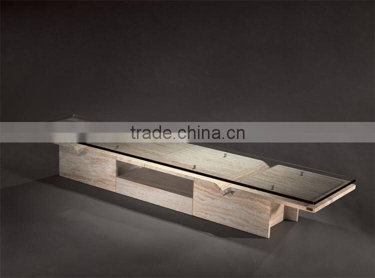 Latest design Iran travertine marble TV stands glass top