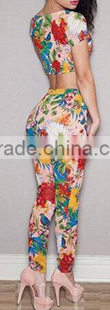 new women summer custom artistic floral print Romper and jumpsuit Women's two piece crop top and pants set