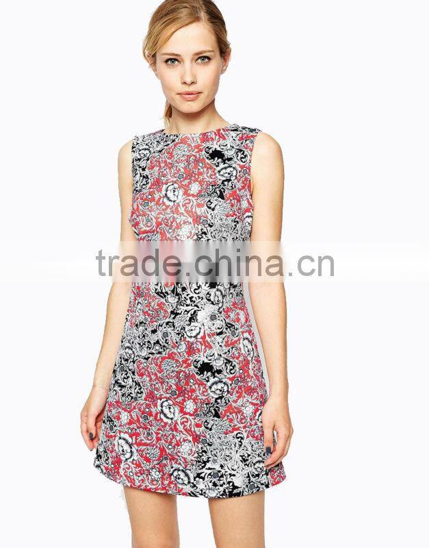 2016 Summer Floral Print Women Round Neck Sleeveless waist Midi Prom Dress