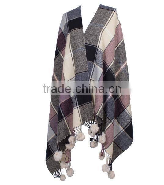 2017 autumn winter pompom trims tartan plaid ladies shawl