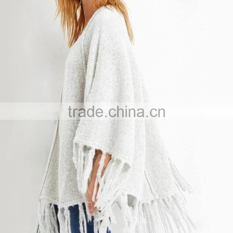 Tasseled plain pullover mohair blend knitted winter sweater ladies poncho