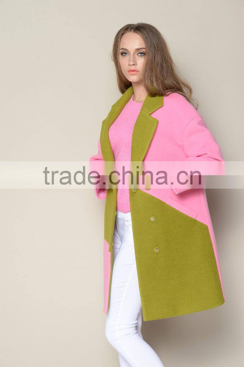 ODM designed fashionable wool warm branded contrasted colored young ladies long coats