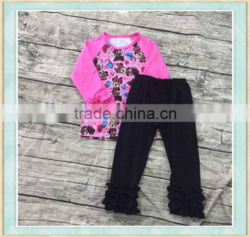 2017 Summer fall Cheap wholesale ruffle clothing mini mouse pattern girls set boutique child clothes outfit