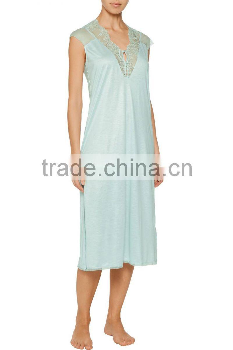 High Quality Silk Made Sexy One Piece Nightdress with Lace Trims