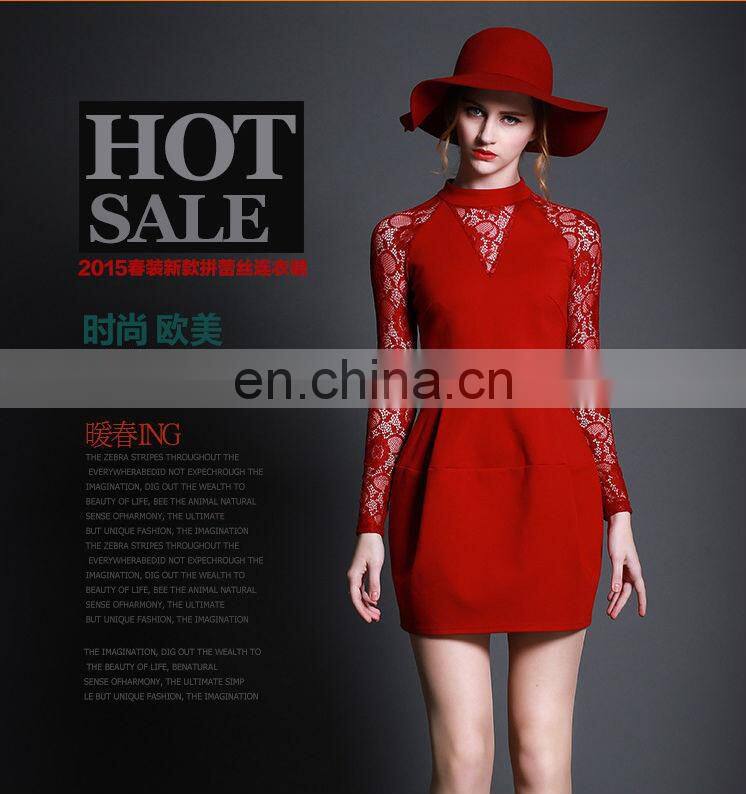 2015 European style women dress / red lace up skirt long sleeve