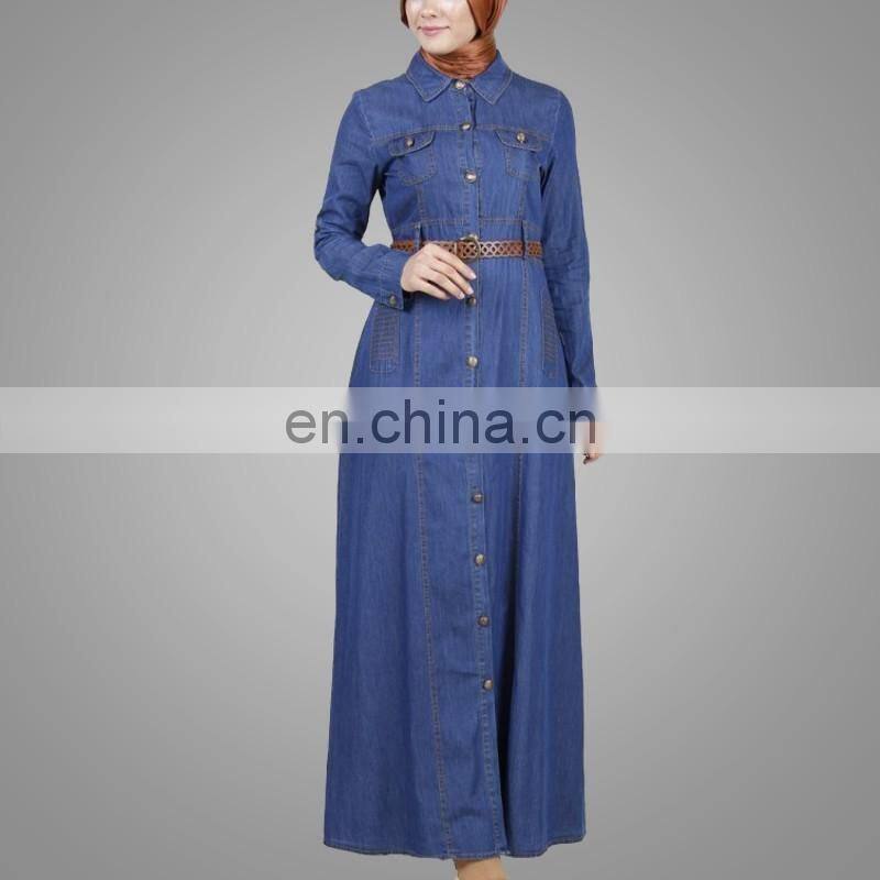 new style denim muslim caftan dress fancy blue islamic women cardigan