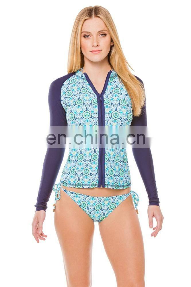 Custom logo design zipper front straps tied bottom long sleeve stretch lycra women compression sublimated rash guards