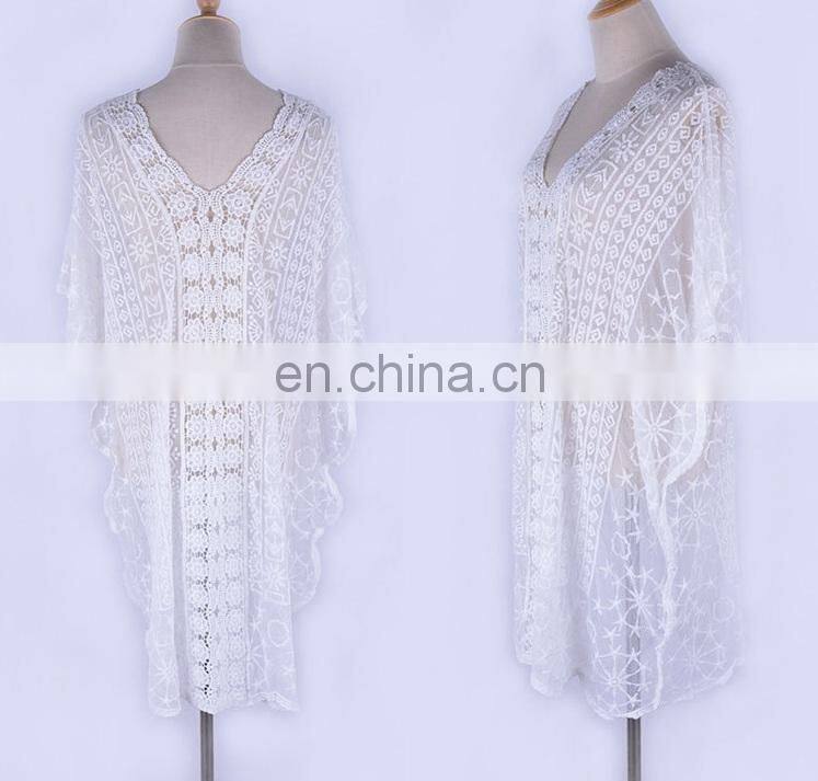 2019 Sexy See Through V-Neck Bats Sleeve V Back Loose Summer Beach Dress Lace Tunic Women Beachwear Plus Size Sarong Plage