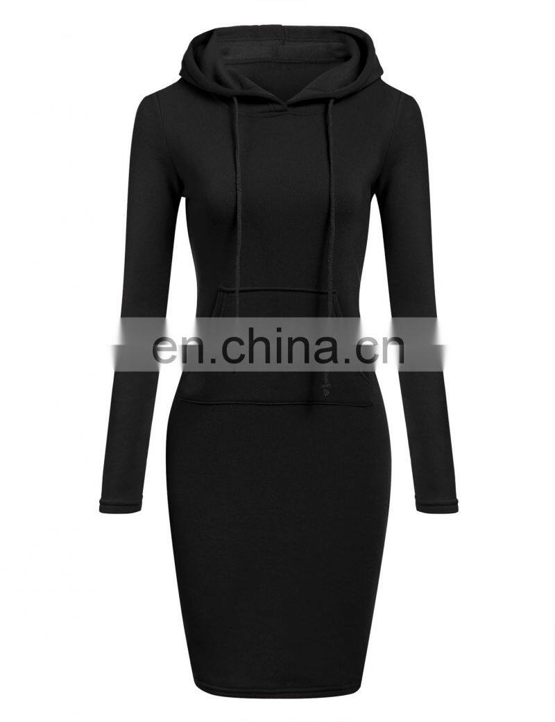 Wholesale custom fashion plain color pocket pullover casual drawstring pure color hoodie women long sleeve dress