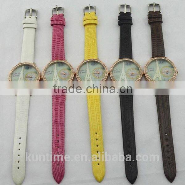 hot sale gift watch for Women's Eiffel Tower Pattern Diamante Dial Leather Band Quartz Analog Wrist Watch