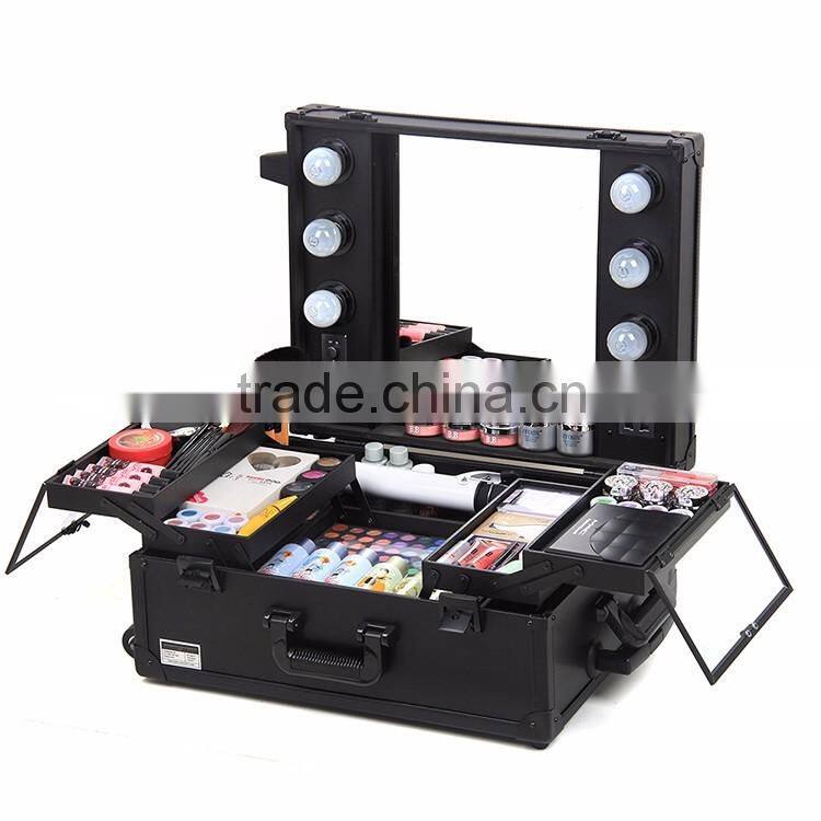 2016 professional makeup cosmetic case with lights mirror