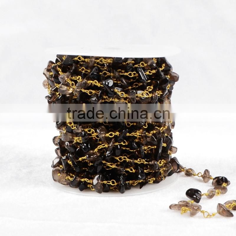 2016 wire wrapped gemstone beaded rosary chain wholesale smoky quartz beaded chain for necklace design