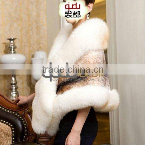 QD11655 Winter Fur Shrugs And Wraps Genuine Whole-hide Mink Fur Shawls with Fox Fur Trim