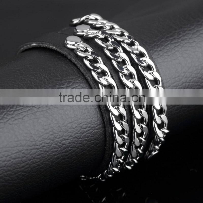 2016 new cool jewelry three wraps black genuine chain link leather bracelet for men