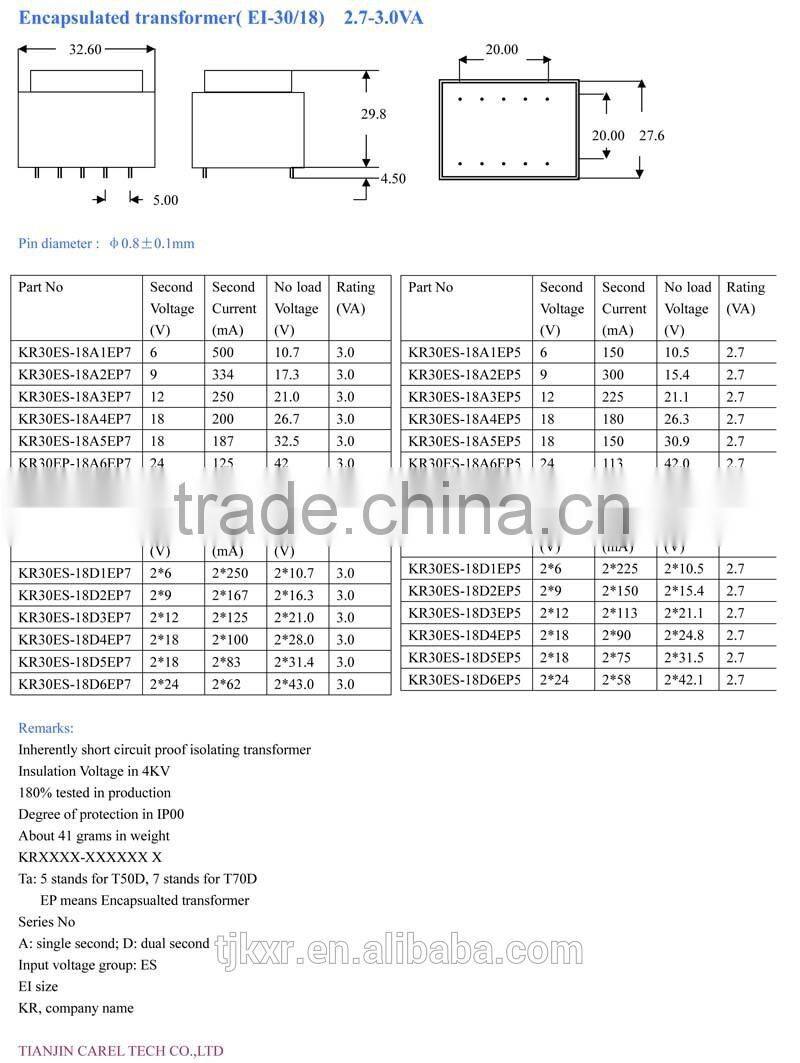 CE ROHS, UL VDE approved, EI30/18, 230V/12V, 2.7VA-3.0VA pcb mounted encapsulated power transformer