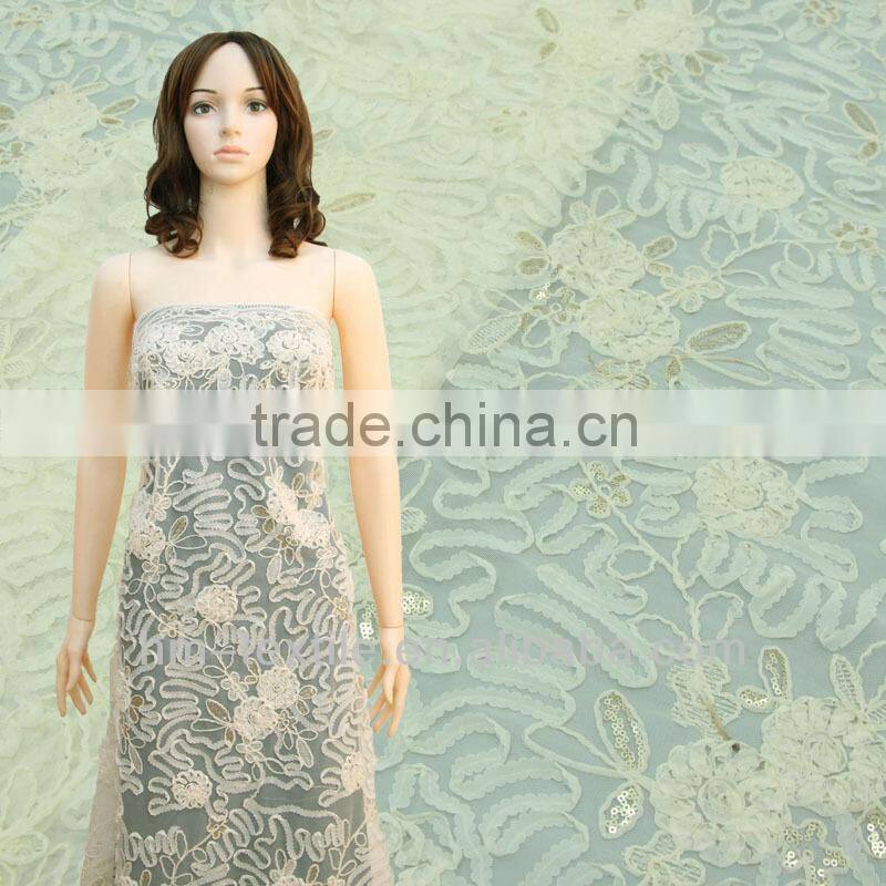 2017 New Apricot Dribbling Sequins Mixed Embroidery Fabric for ZARA Brand Long Dress Textile With High Quality Mesh from China