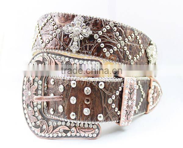 Rhinestone leather belt for jeans