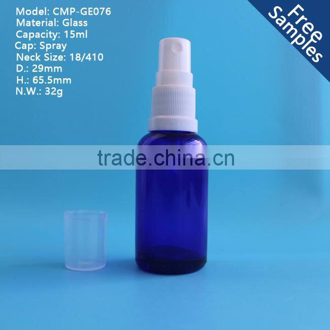 new high quality glass bottle, round lotion bottle with spray, 15ml blue essential oil glass bottle hot sale