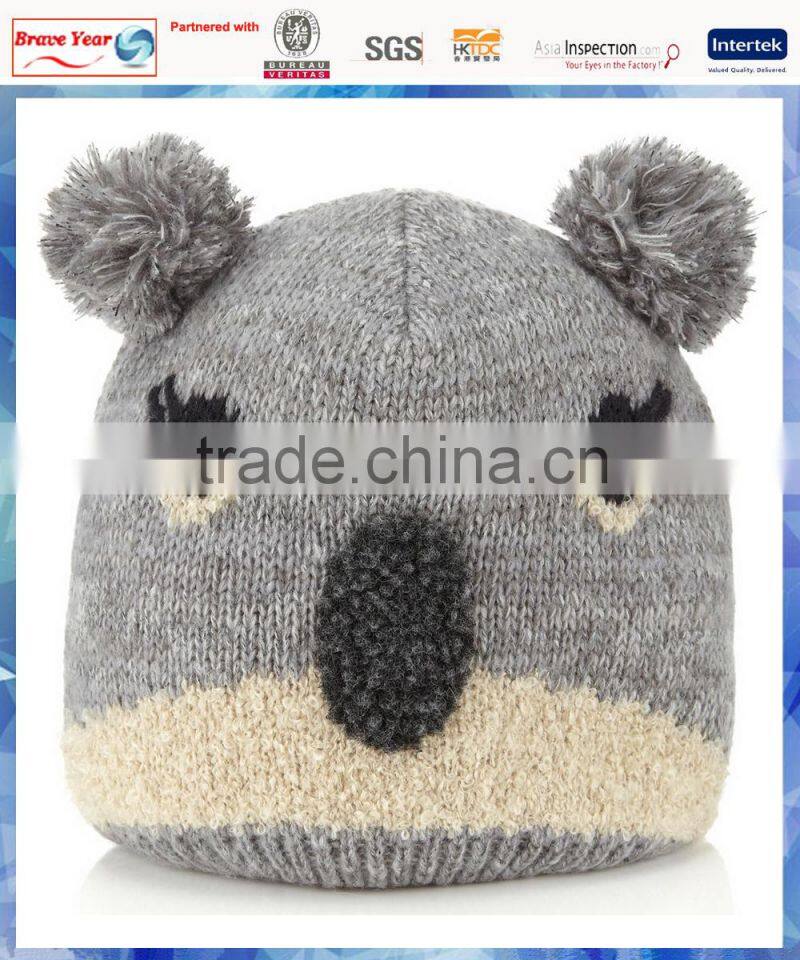 Koala face pom pom adult animal knitted hat