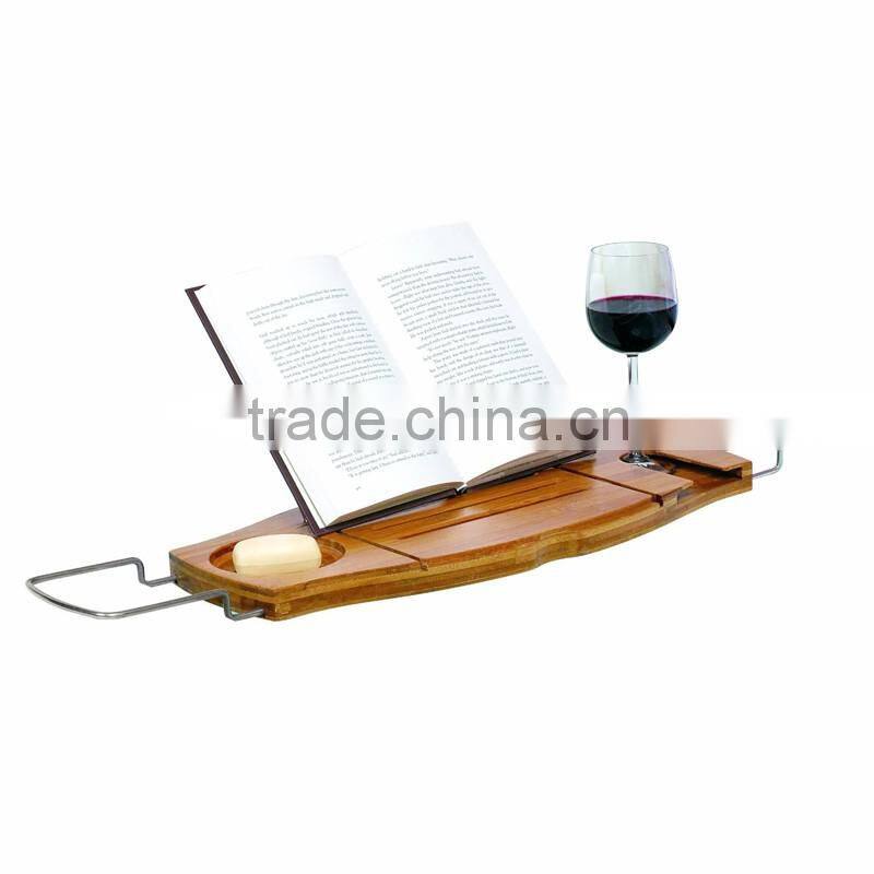Non-Slip Bamboo Bathtub Caddy with Extending Sides Adjustable Handcrafted Bath Tray with Reading Rack Wine Holder Cellphone Tray