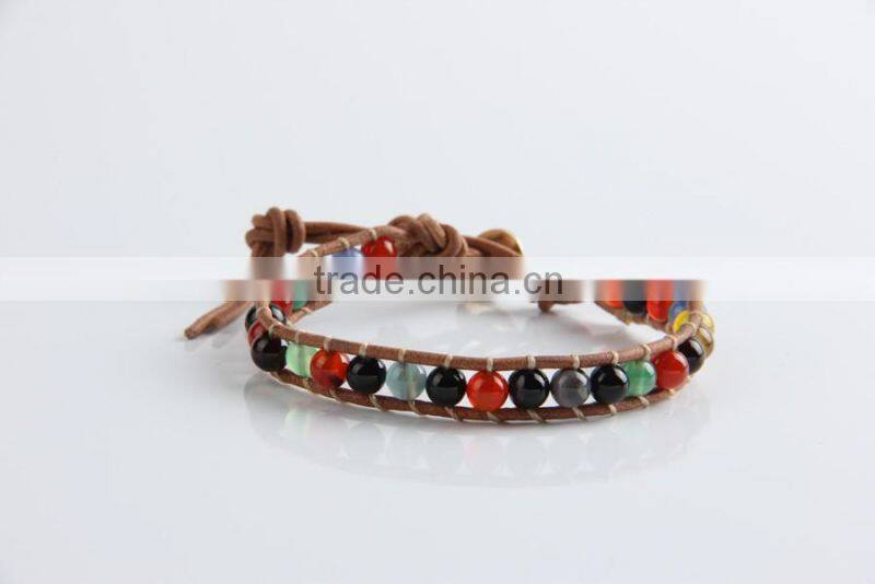 6mm natural mixed color agate leather bracelet custom made, leather braided bracelet, new style bracelet