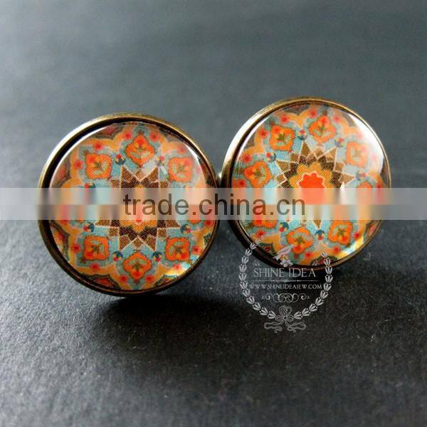 20mm vintage style antiqued bronze morocco style art collage glass cabochon round cufflinks fashion wedding cuff link 6600046