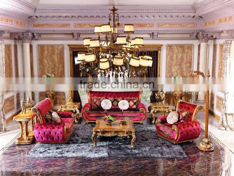Luxury Retro Elegant Pink Velvet Living Room Sofa Set/ Classic Hand Wood Carved Fabric Sofa/ European Living Room Furniture