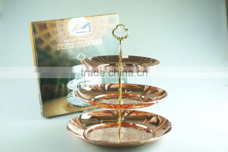 stainless steel three layer metal fruits plate leaf decoration and clourful