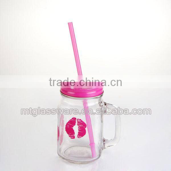 15 oz mouth decal design glass mason jar with handle and straw