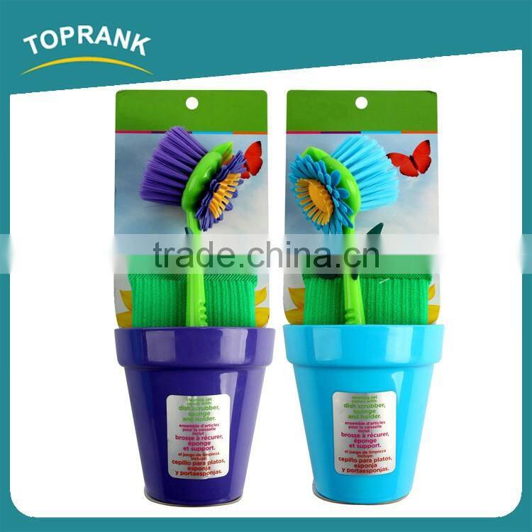 Toprank New Design Kitchen Super Cleaning Ability Flower Shaped Cleaning Brush Set Sponge Dish Scrubber Brush With Sucker