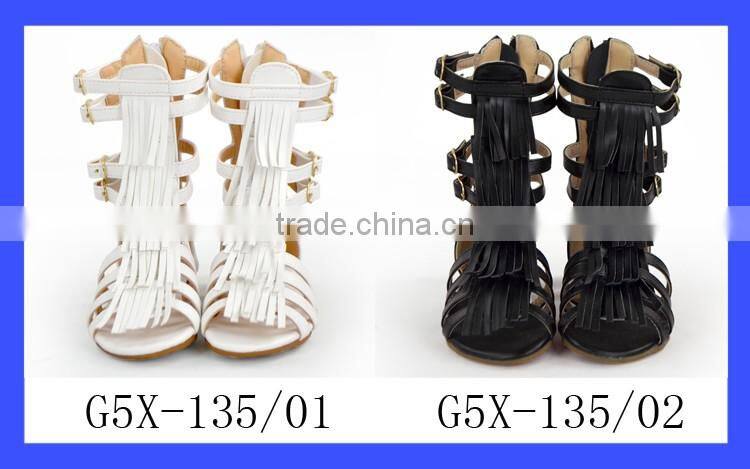 Children Summer Fashion Flat High Tassel Fringe White And Black Leather Sandal