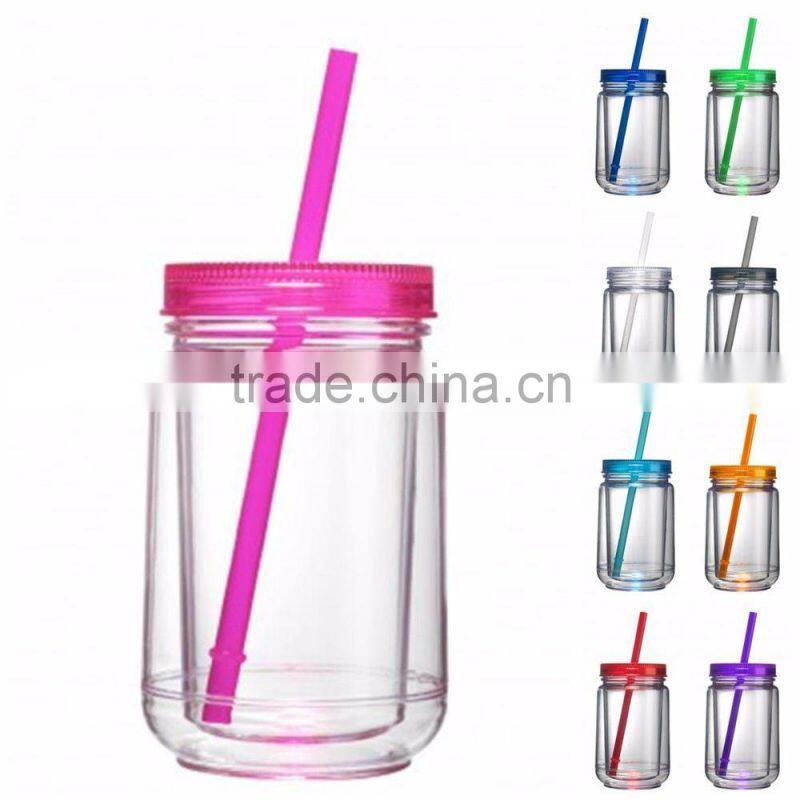 16OZ Mason Jar Cup Blank Clear Double Wall Insulated Tumbler Travel Mug Straw