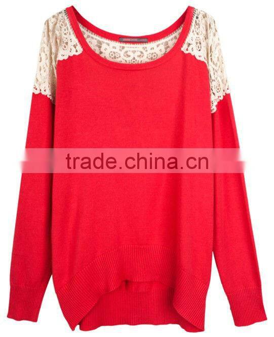 OEM ladies fashion O-neck lace mixed woman kint sweater
