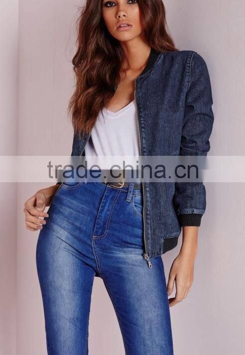fashion zip women acid wash denim winter quilted bomber jacket