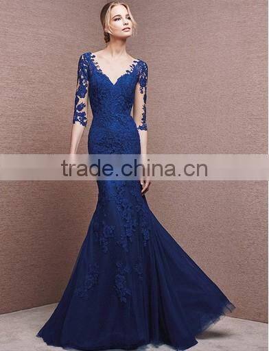 elegant lace sleeve royal blue long evening dress