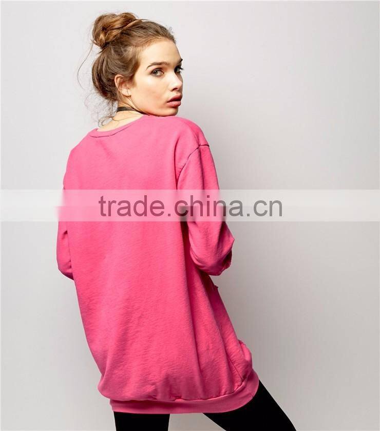 MGOO Custom Design Women Oversized Longline Plain Bright Pink Ripped Sweater Distressed Sweatshirt With Private Label