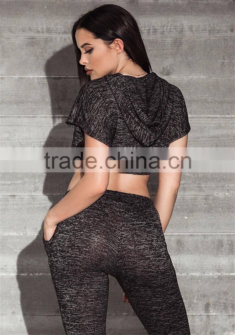 MGOO Custom Made Women Running Jersey Hoodie Black Marled Split Crop Tops Jumpers Fashion Sport Tops