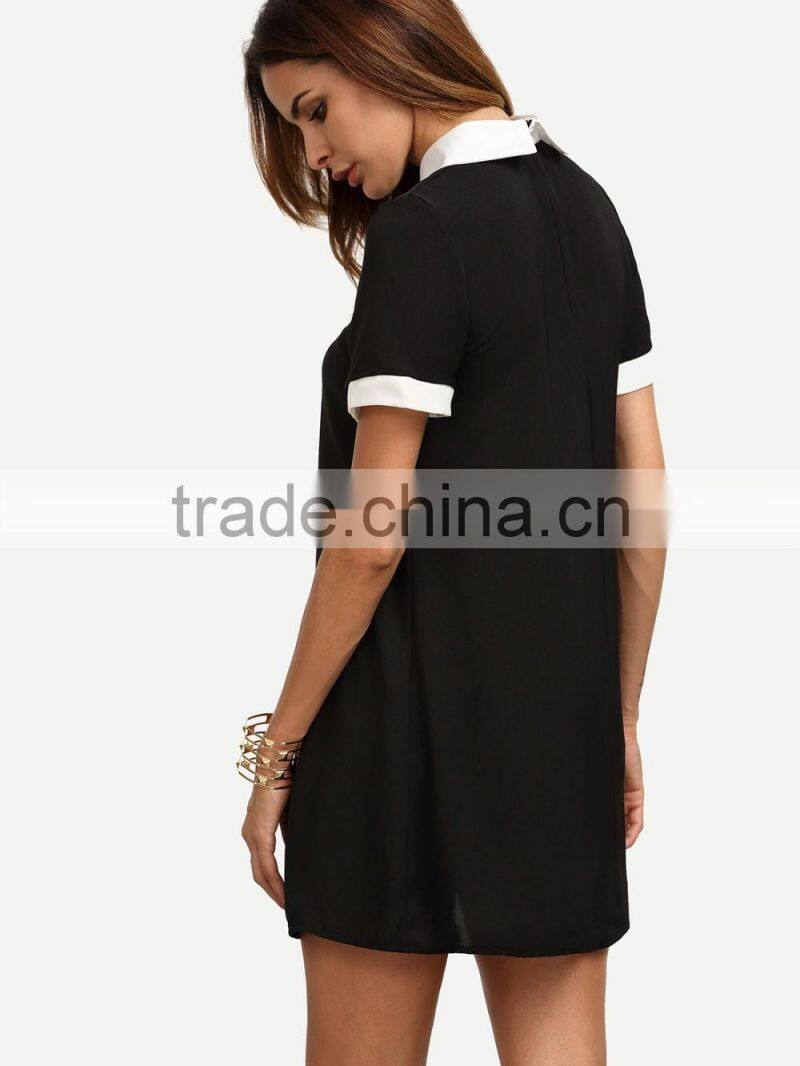 Black Peter Pan Collar Short Sleeve Shift Dress Patchwork 100% Polyester Short Sleeve Short Dress